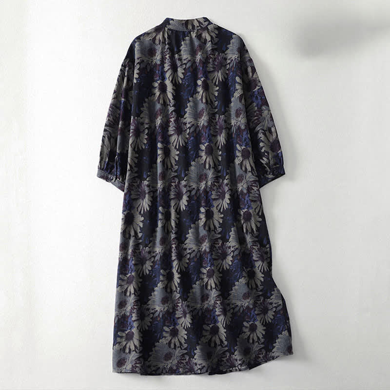 Buddha Stones Vestido de mujer de estilo vintage de primavera con cuello mandarín, botones, estampado floral, mangas hasta el codo y bolsillos. - image 1