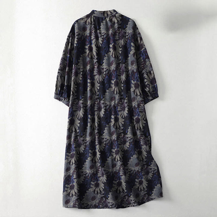 Buddha Stones Vestido de mujer de estilo vintage de primavera con cuello mandarín, botones, estampado floral, mangas hasta el codo y bolsillos. - image 1
