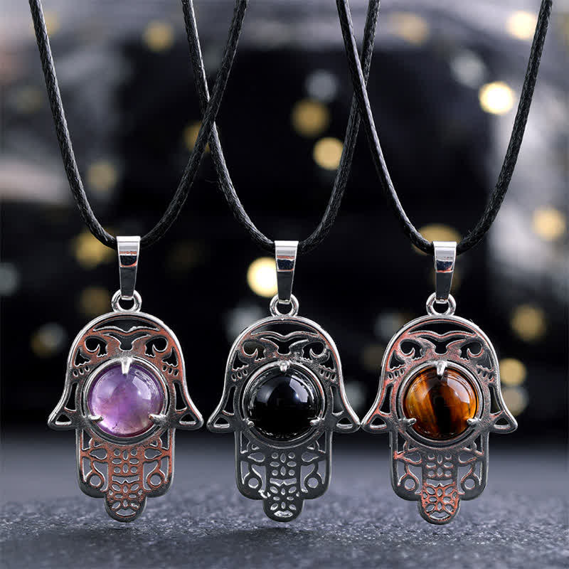 Buddha Stones Collar de fuerza con incrustaciones de cristal de palma de Hamsa y obsidiana negra natural - image 0