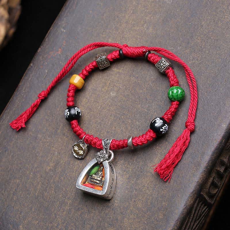 Buddha Stones Pulsera de serenidad de cuerda trenzada con Buda Amitabha de cobre - Cuerda roja (circunferencia de la muñeca: 17-23 cm) - image 0