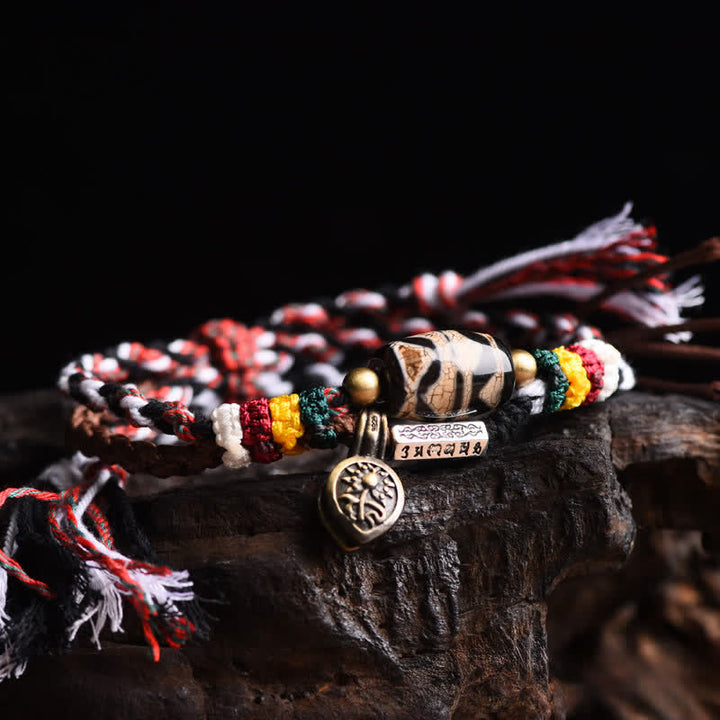 Buddha Stones Pulsera de la paz de cuerda trenzada de doble vuelta con cuentas Dzi Om Mani Padme Hum - Cuentas Dzi (circunferencia de la muñeca: 15-25 cm) - image 0