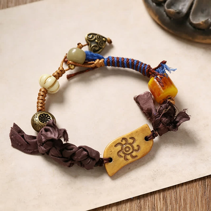 Buddha Stones Pulsera de la paz de cuerda trenzada con el personaje de Bone Fu - Hueso con patrón solar (circunferencia de la muñeca: 20-22 cm) - image 4