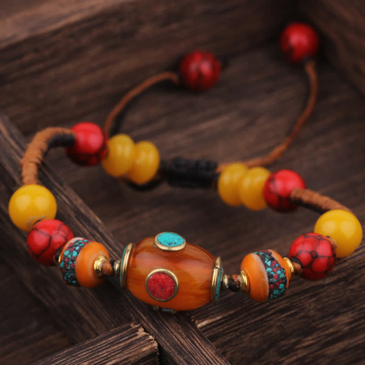 Buddha Stones Pulsera de amor de cuerda trenzada de turquesa y ámbar tibetano - Cuerda negra y naranja (circunferencia de la muñeca: 15-21 cm) - image 5