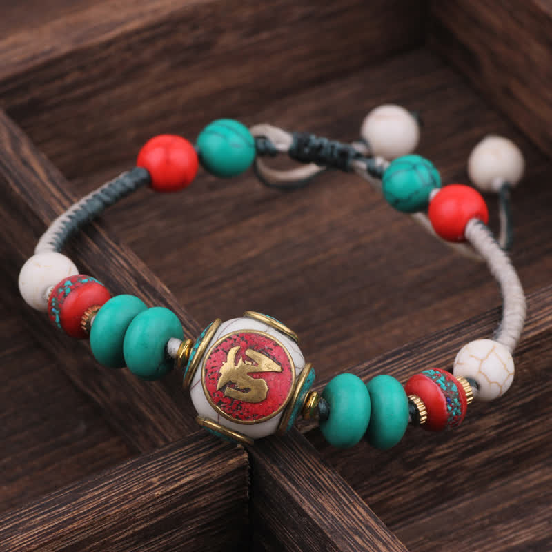 Buddha Stones Pulsera de amor de cuerda trenzada de turquesa y ámbar tibetano - Cuerda plana turquesa, negra y blanca (circunferencia de la muñeca: 15-21 cm) - image 1