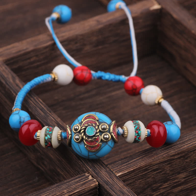 Buddha Stones Pulsera de amor de cuerda trenzada de turquesa y ámbar tibetano - Cuerda blanca y azul (circunferencia de la muñeca: 15-21 cm) - image 8