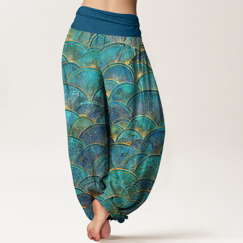 Buddha Stones Pantalones harem de mujer de algodón puro con estampado de abanico turquesa y cintura elástica. - image 1
