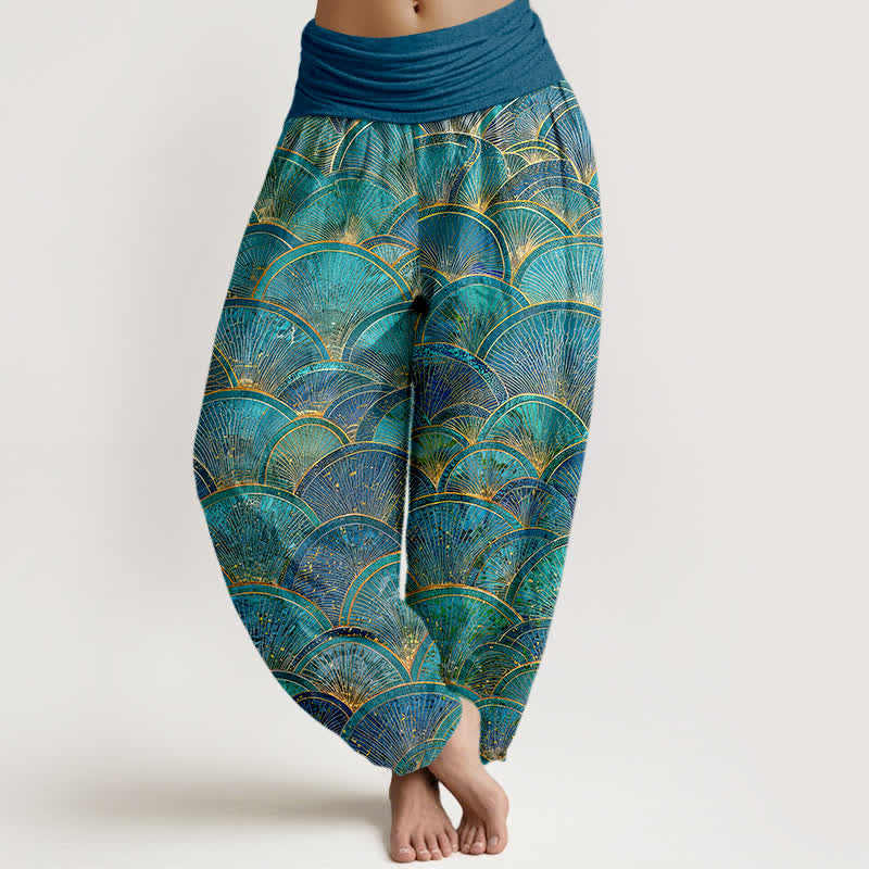 Buddha Stones Pantalones harem de mujer de algodón puro con estampado de abanico turquesa y cintura elástica. - Turquesa - US16，UK/AU20，EU48 (3XL) - image 0