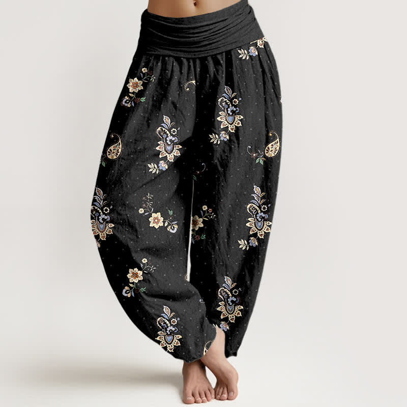 Buddha Stones Pantalones harem de algodón puro con estampado floral paisley estilo boho y cintura elástica para mujer. - Negro - US16，UK/AU20，EU48 (3XL) - image 0