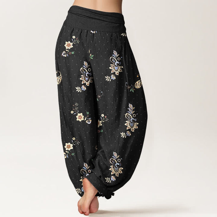 Buddha Stones Pantalones harem de algodón puro con estampado floral paisley estilo boho y cintura elástica para mujer. - image 1