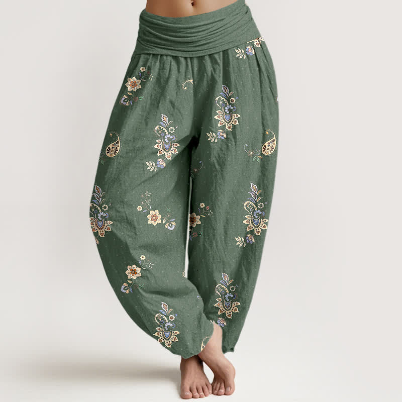 Buddha Stones Pantalones harem de algodón puro con estampado floral paisley estilo boho y cintura elástica para mujer. - Verde oliva oscuro - US16，UK/AU20，EU48 (3XL) - image 8
