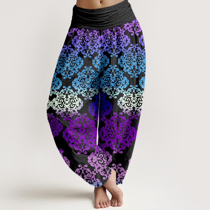Buddha Stones Pantalones harem de mujer con cintura elástica y estampado floral barroco degradado de algodón puro para mujer - Violeta oscuro - US16，UK/AU20，EU48 (3XL) - image 0