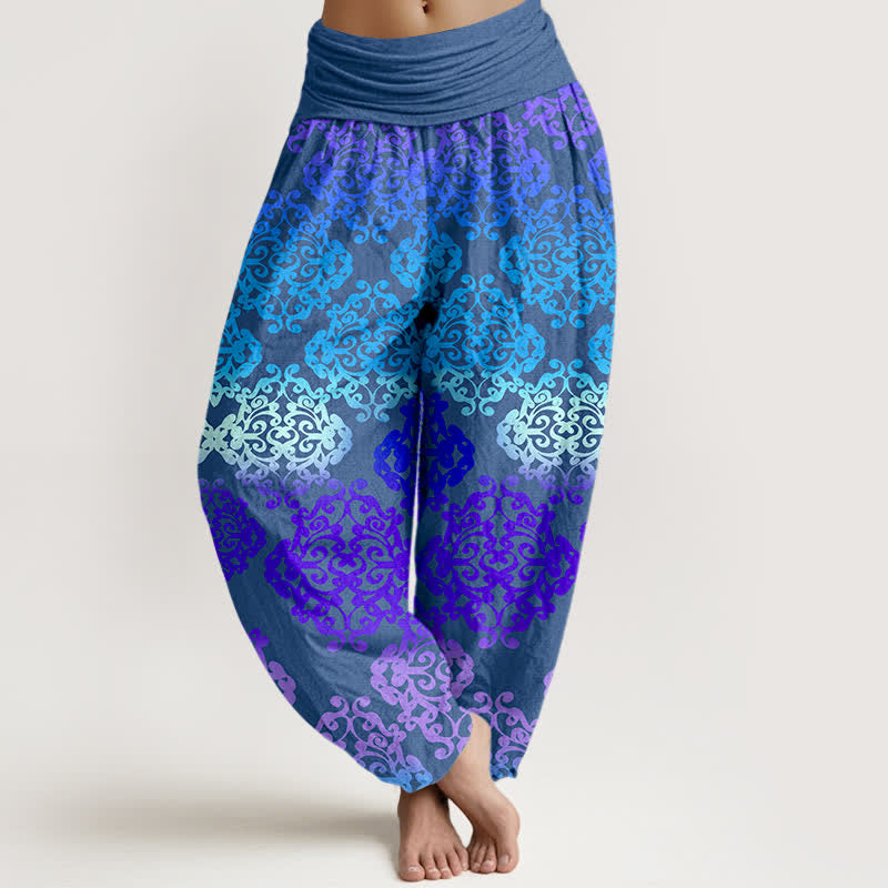 Buddha Stones Pantalones harem de mujer con cintura elástica y estampado floral barroco degradado de algodón puro para mujer - Azul real - US16，UK/AU20，EU48 (3XL) - image 5