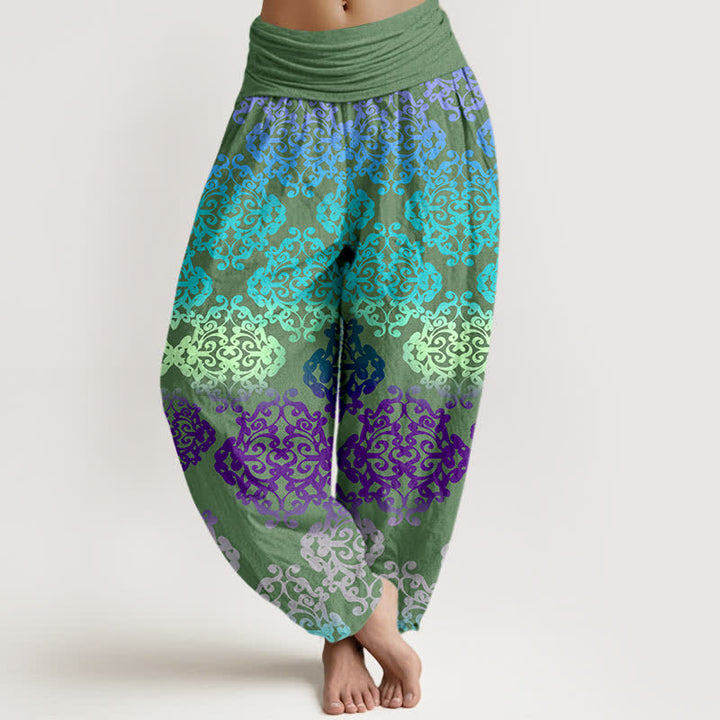Buddha Stones Pantalones harem de mujer con cintura elástica y estampado floral barroco degradado de algodón puro para mujer - Verde oliva - US16，UK/AU20，EU48 (3XL) - image 8