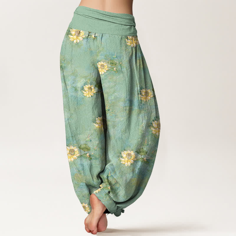 Buddha Stones Pantalones harem de algodón amarillo con estampado de lotos dispersos para mujer con cintura elástica. - image 1