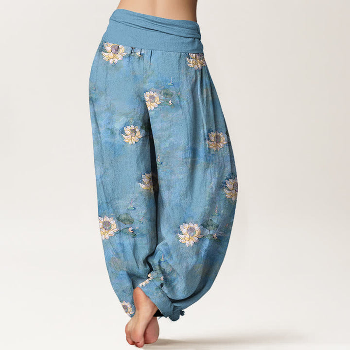 Buddha Stones Pantalones harem de algodón amarillo con estampado de lotos dispersos para mujer con cintura elástica. - image 6