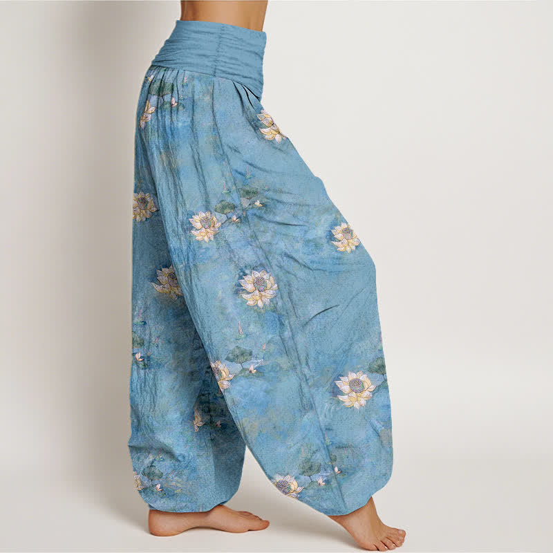 Buddha Stones Pantalones harem de algodón amarillo con estampado de lotos dispersos para mujer con cintura elástica. - image 7