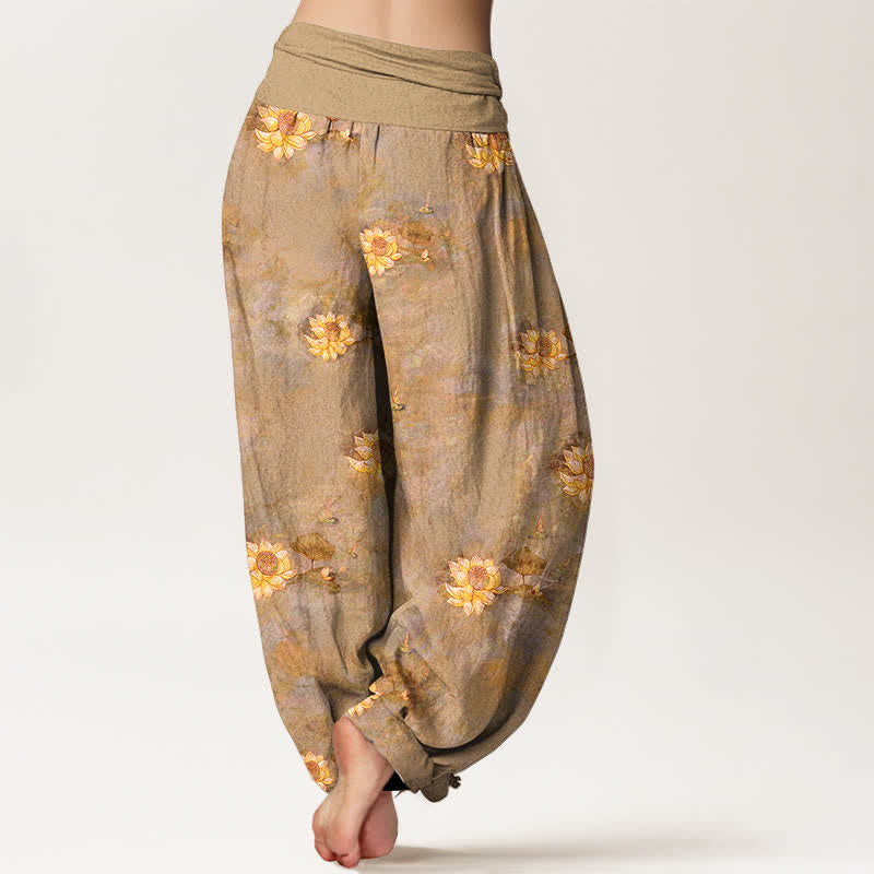 Buddha Stones Pantalones harem de algodón amarillo con estampado de lotos dispersos para mujer con cintura elástica. - image 9