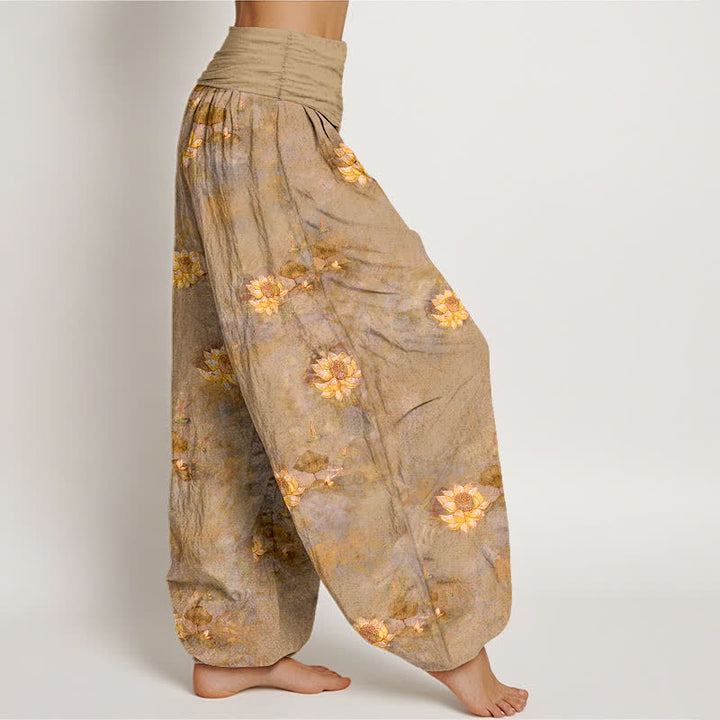 Buddha Stones Pantalones harem de algodón amarillo con estampado de lotos dispersos para mujer con cintura elástica. - image 10