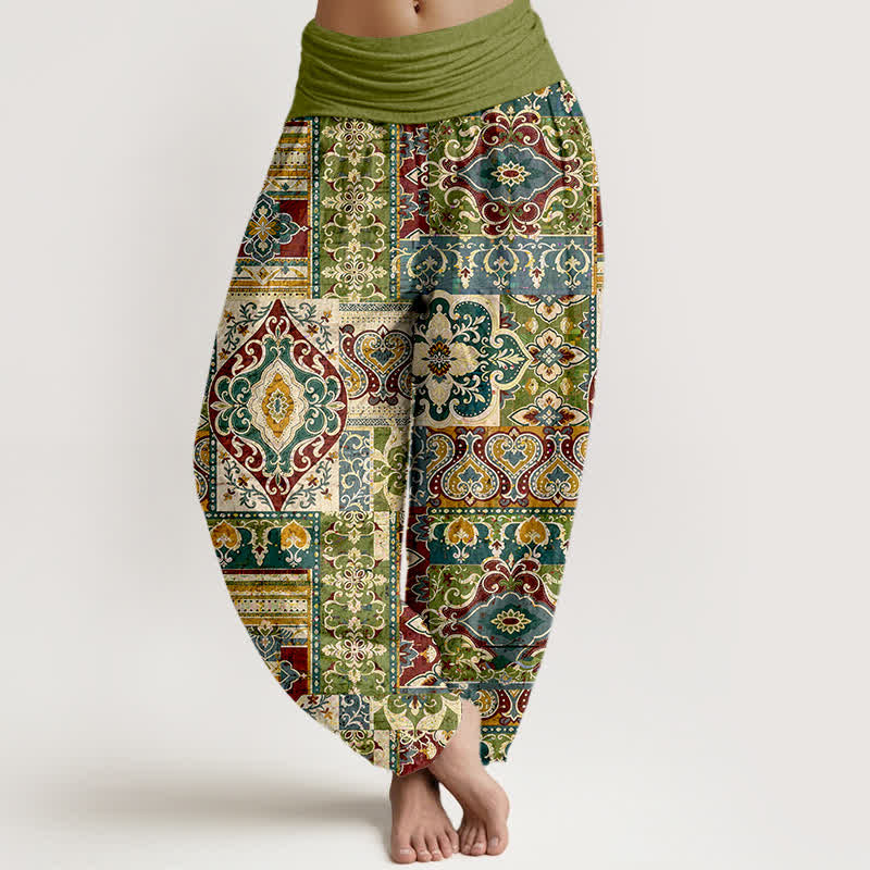 Buddha Stones Pantalones harem de mujer con cintura elástica y estampado de mosaico de algodón y oliva. - Aceituna - US16，UK/AU20，EU48 (3XL) - image 0