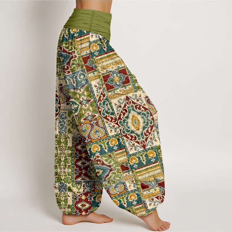 Buddha Stones Pantalones harem de mujer con cintura elástica y estampado de mosaico de algodón y oliva. - image 2