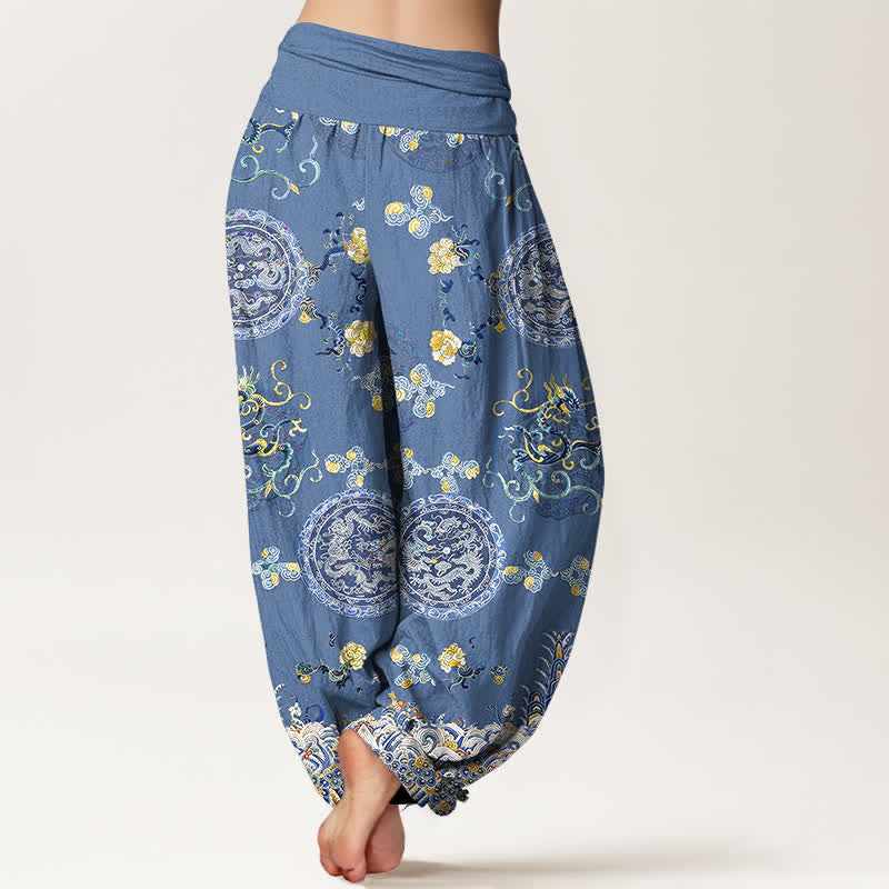 Buddha Stones Pantalones harem de algodón índigo con estampado de medallón de dragón y cintura elástica para mujer. - image 6
