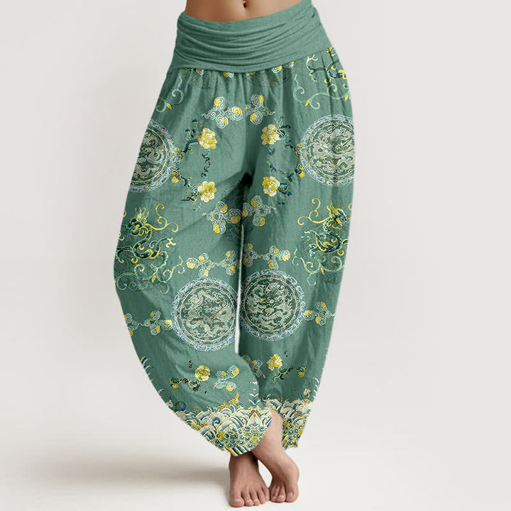 Buddha Stones Pantalones harem de algodón índigo con estampado de medallón de dragón y cintura elástica para mujer. - Verde mar medio - US16，UK/AU20，EU48 (3XL) - image 8