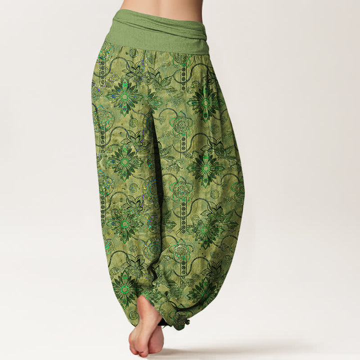 Buddha Stones Pantalones harem de algodón puro color oliva con estampado floral bohemio y cintura elástica para mujer. - image 1