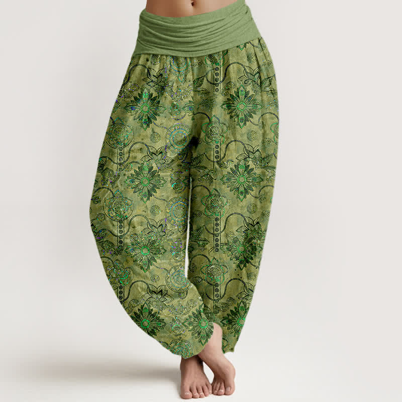 Buddha Stones Pantalones harem de algodón puro color oliva con estampado floral bohemio y cintura elástica para mujer. - Aceituna - US16，UK/AU20，EU48 (3XL) - image 0