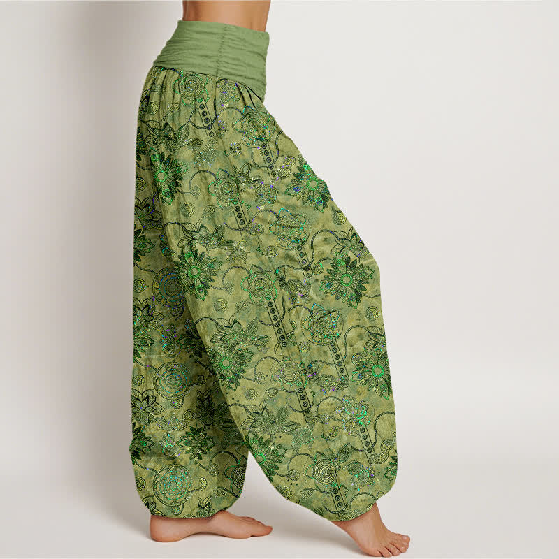 Buddha Stones Pantalones harem de algodón puro color oliva con estampado floral bohemio y cintura elástica para mujer. - image 2