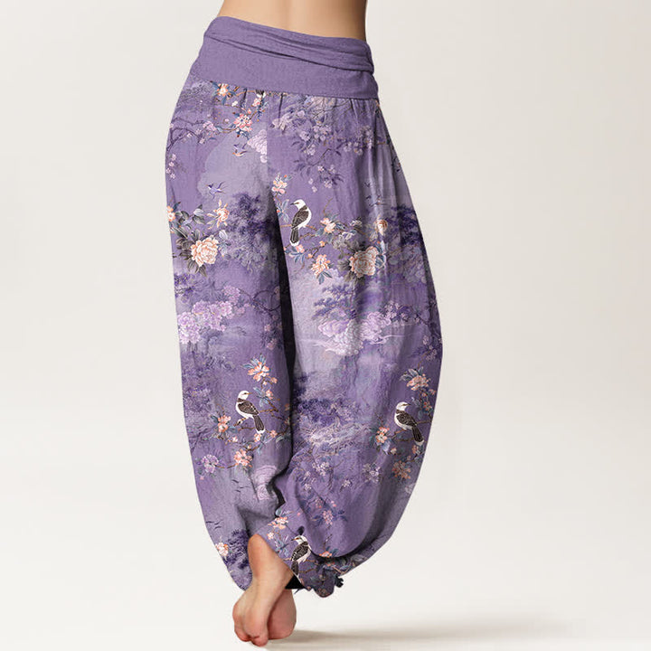 Buddha Stones Pantalones harem de algodón puro con estampado floral de pájaros y cintura elástica para mujer. - image 1