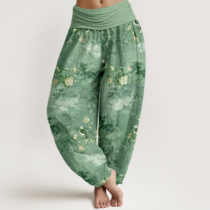 Buddha Stones Pantalones harem de algodón puro con estampado floral de pájaros y cintura elástica para mujer. - Verde mar medio - US16，UK/AU20，EU48 (3XL) - image 5