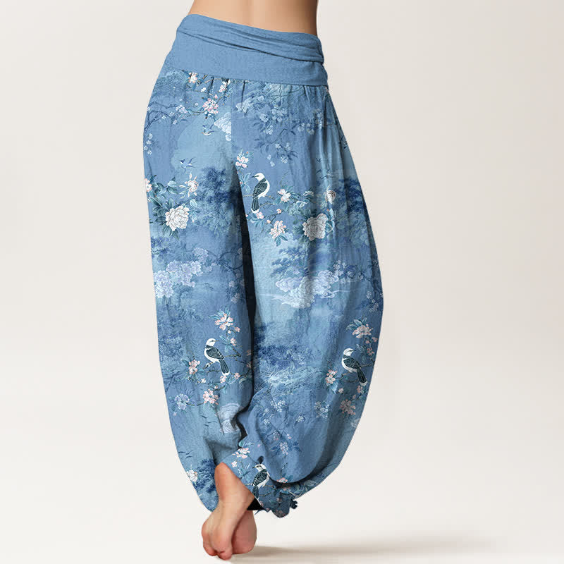 Buddha Stones Pantalones harem de algodón puro con estampado floral de pájaros y cintura elástica para mujer. - image 9