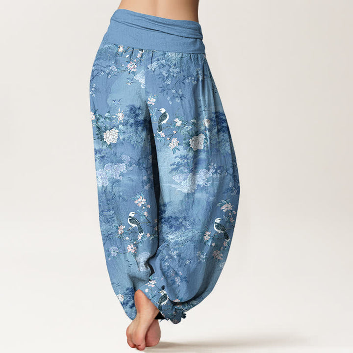 Buddha Stones Pantalones harem de algodón puro con estampado floral de pájaros y cintura elástica para mujer. - image 9