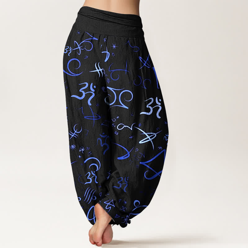 Buddha Stones Pantalones harem de mujer de algodón puro con estampado del símbolo OM en color azul y cintura elástica. - image 1