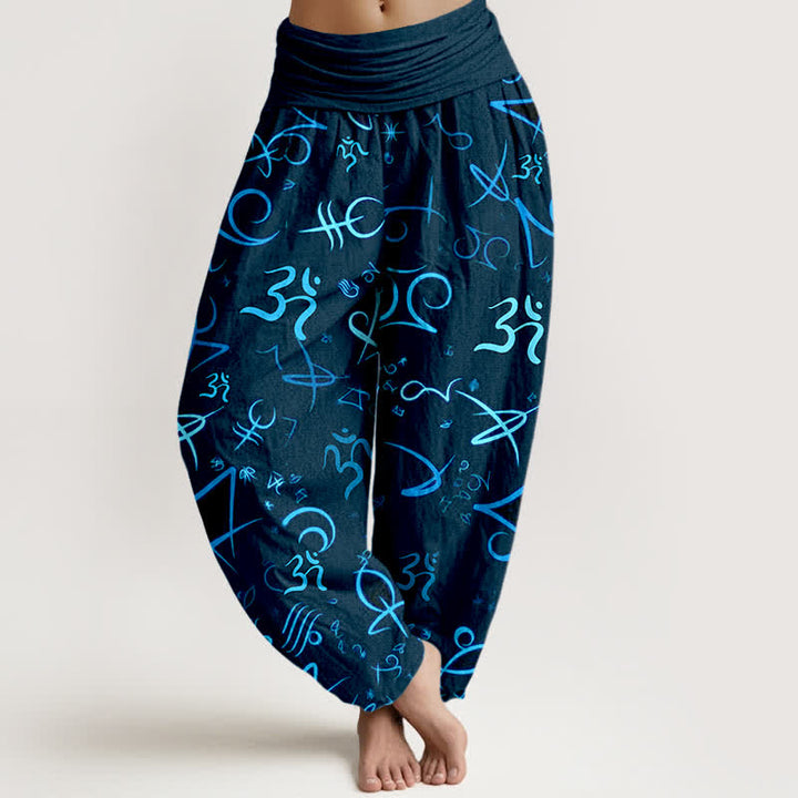 Buddha Stones Pantalones harem de mujer de algodón puro con estampado del símbolo OM en color azul y cintura elástica. - Azul real - US16，UK/AU20，EU48 (3XL) - image 5