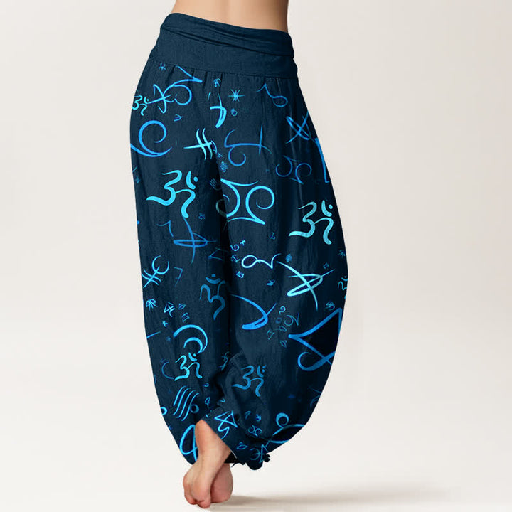 Buddha Stones Pantalones harem de mujer de algodón puro con estampado del símbolo OM en color azul y cintura elástica. - image 6