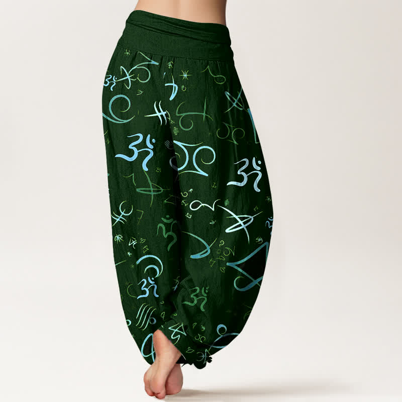 Buddha Stones Pantalones harem de mujer de algodón puro con estampado del símbolo OM en color azul y cintura elástica. - image 9