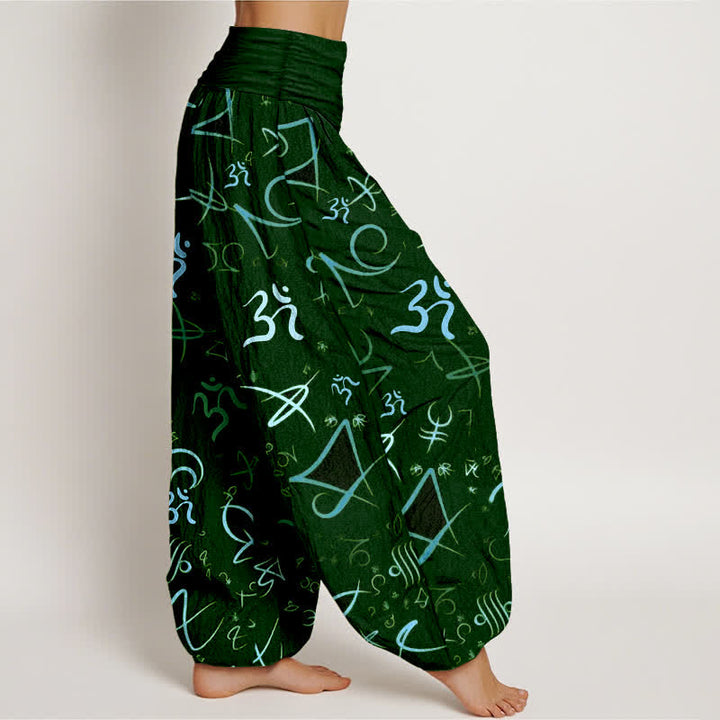 Buddha Stones Pantalones harem de mujer de algodón puro con estampado del símbolo OM en color azul y cintura elástica. - image 10
