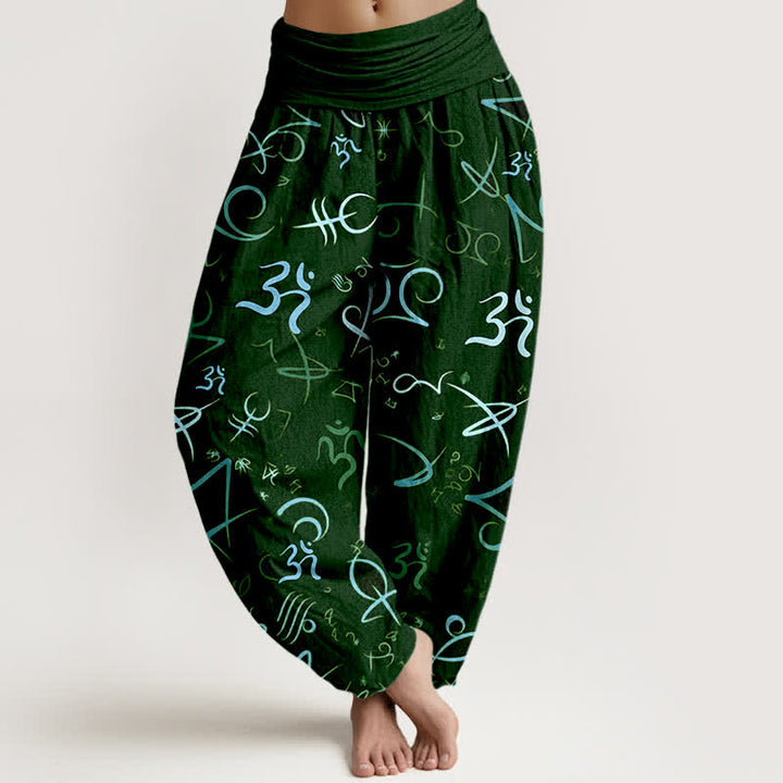 Buddha Stones Pantalones harem de mujer de algodón puro con estampado del símbolo OM en color azul y cintura elástica. - Verde oscuro - US16，UK/AU20，EU48 (3XL) - image 8