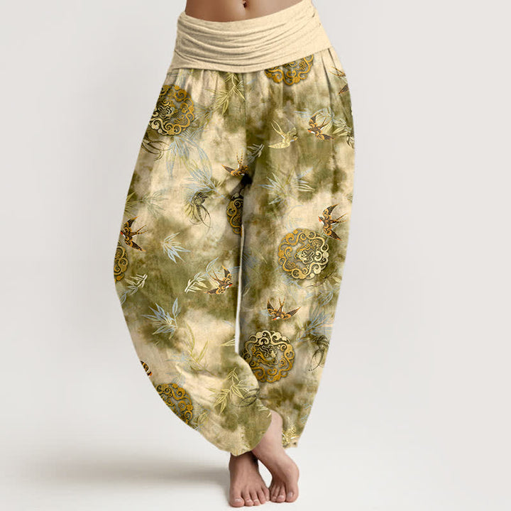 Buddha Stones Pantalones harem de mujer con cintura elástica, estampado de medallón de nube y pájaro, de algodón puro. - Caqui - US16，UK/AU20，EU48 (3XL) - image 0