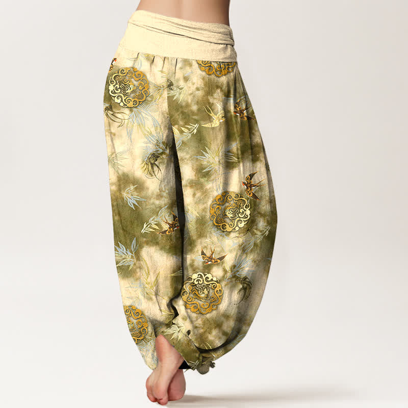 Buddha Stones Pantalones harem de mujer con cintura elástica, estampado de medallón de nube y pájaro, de algodón puro. - image 1
