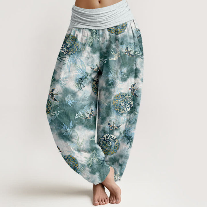 Buddha Stones Pantalones harem de mujer con cintura elástica, estampado de medallón de nube y pájaro, de algodón puro. - cian oscuro - US16，UK/AU20，EU48 (3XL) - image 5