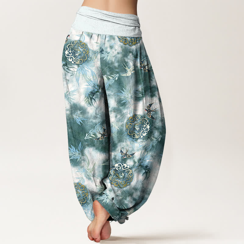 Buddha Stones Pantalones harem de mujer con cintura elástica, estampado de medallón de nube y pájaro, de algodón puro. - image 6