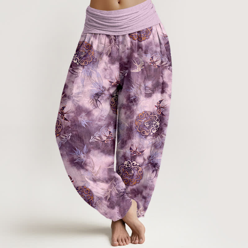 Buddha Stones Pantalones harem de mujer con cintura elástica, estampado de medallón de nube y pájaro, de algodón puro. - Orquídea mediana - US16，UK/AU20，EU48 (3XL) - image 8