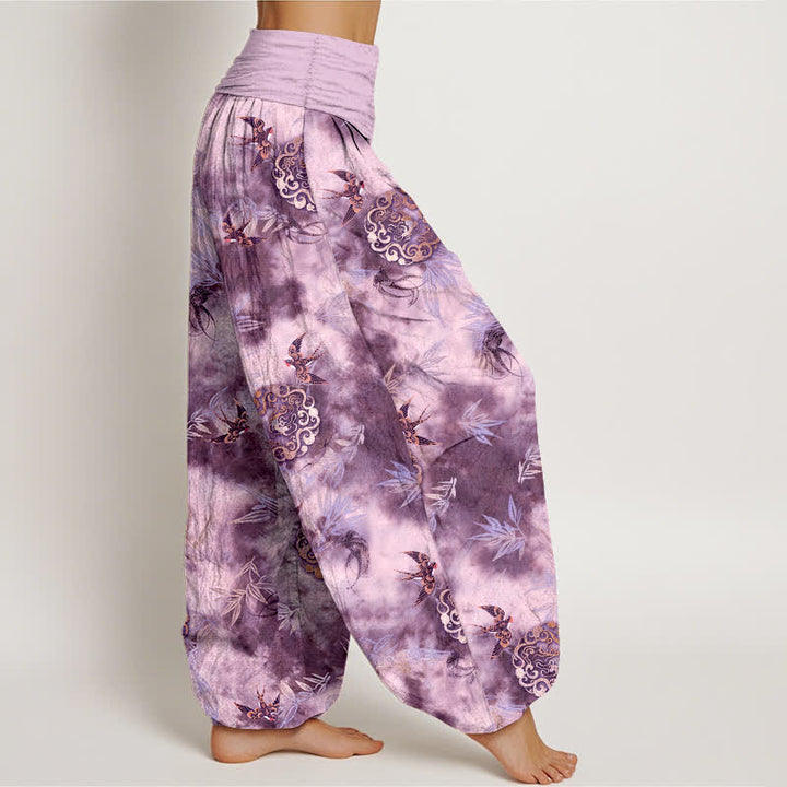 Buddha Stones Pantalones harem de mujer con cintura elástica, estampado de medallón de nube y pájaro, de algodón puro. - image 10