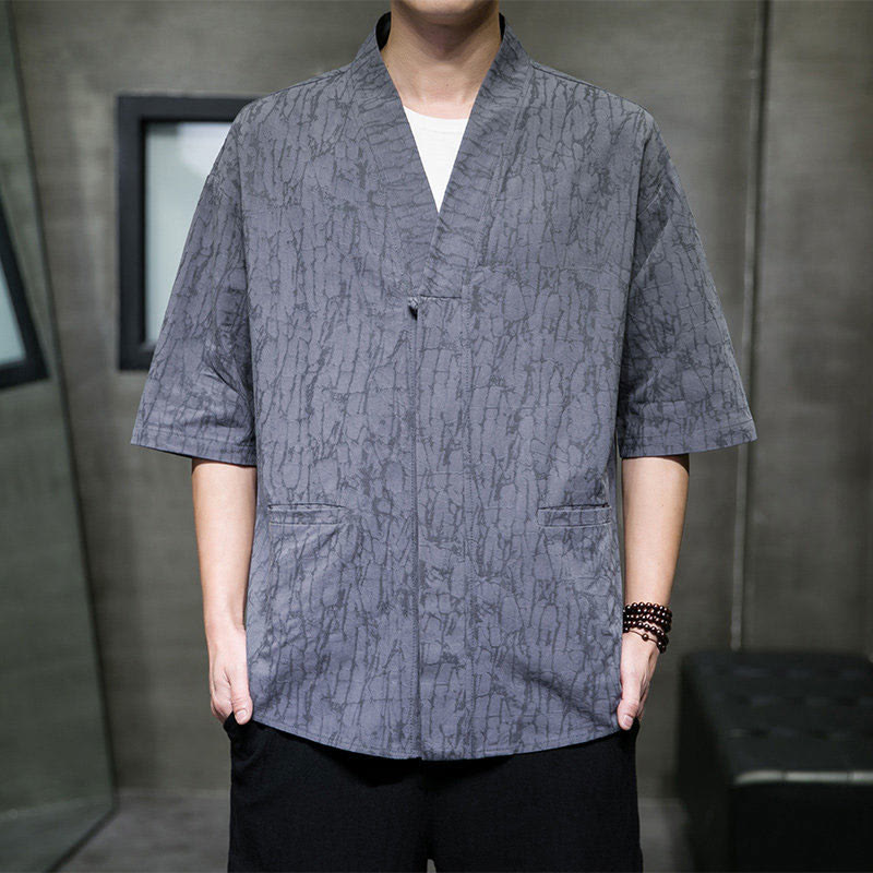 Buddha Stones Camisa de manga corta para hombre con cuello en V, botones y estampado desgastado, ideal para el verano. - Gris pizarra - US/UK/AU46, EU56 (5XL) - image 0
