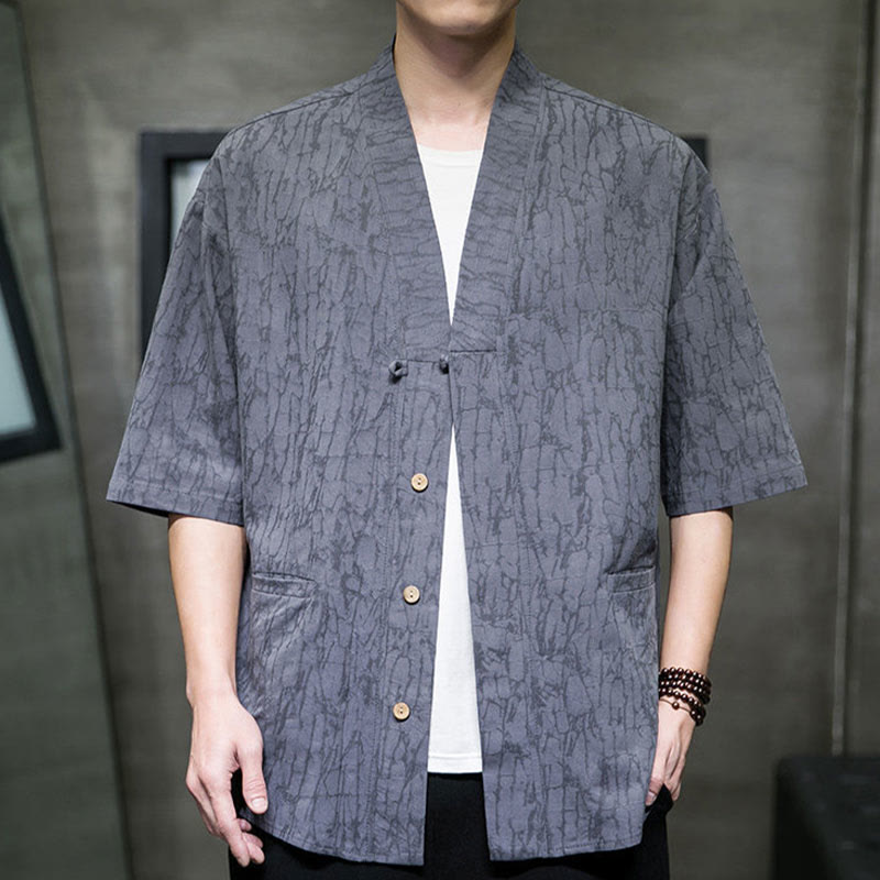 Buddha Stones Camisa de manga corta para hombre con cuello en V, botones y estampado desgastado, ideal para el verano. - image 7