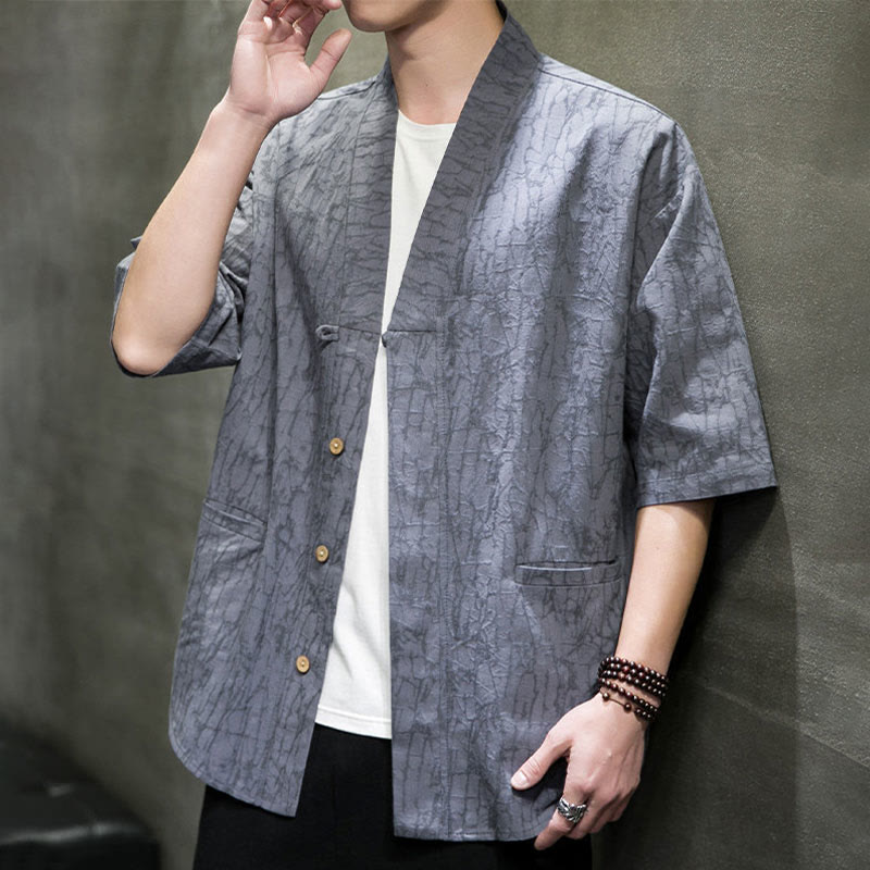 Buddha Stones Camisa de manga corta para hombre con cuello en V, botones y estampado desgastado, ideal para el verano. - image 8