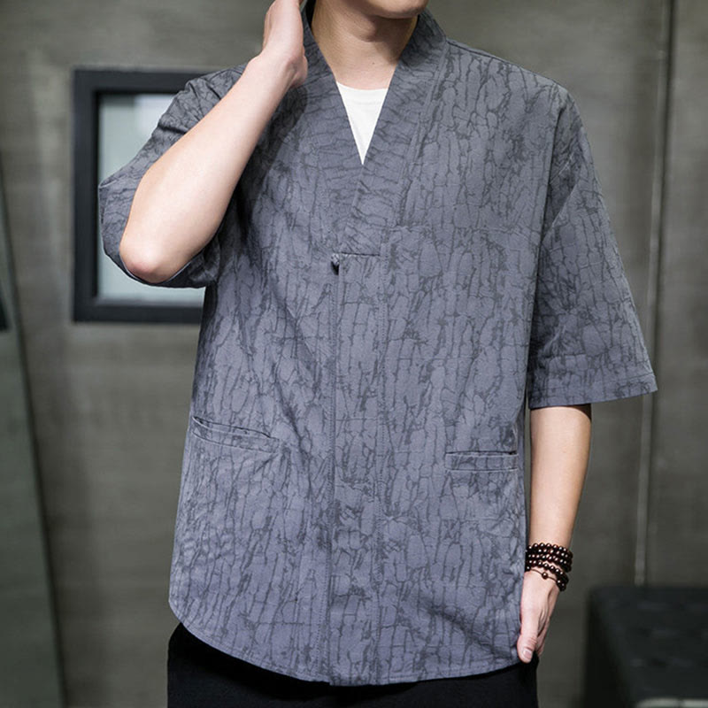 Buddha Stones Camisa de manga corta para hombre con cuello en V, botones y estampado desgastado, ideal para el verano. - image 6