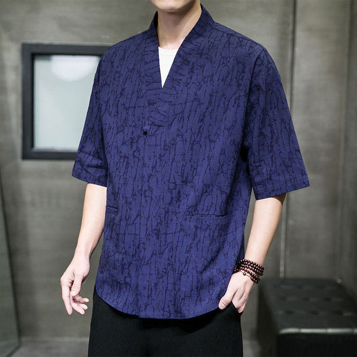 Buddha Stones Camisa de manga corta para hombre con cuello en V, botones y estampado desgastado, ideal para el verano. - image 14